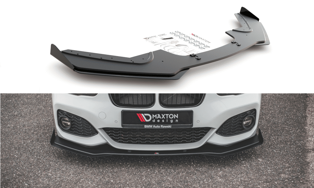 MAXTON DESIGN - Racing Durability Spoiler pod Predný náraznik V.3 + Splitre for vhodné pre BMW 1 F20 M-Pack Facelift / M140i , Black + Gloss Flaps