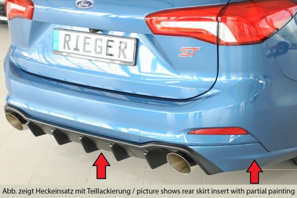 Rieger vložka zadného nárazíka -  pred Focus 4 (DEH) , pre športové koncovky Ľavá strana + Pravá strana (115mm ø), plast ABS, Pre vozidlá s ST-Line, tažného, 
vrátane-montážne vybavenie, Certifikát