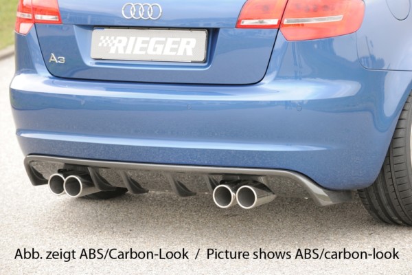 Rieger vložka zadného nárazíka -  Audi A3 (8P) , pre dvojité koncovky Ľavá strana + Pravá strana (4x76mm ø), plast ABS, Pre vozidlá s S-Line exterier a bez S-Line exterier, 
vrátane-montážne vybavenie, Certifikát