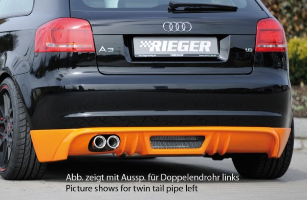 Rieger zadný podnáraznik -  Audi A3 (8P) , pre originál koncovky Ľavá strana, plast ABS, Pre vozidlá s S-Line exterier a bez S-Line exterier, 
vrátane-montážne vybavenie, hliniková mriežka, Certifikát