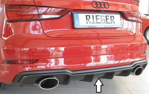 Rieger vložka zadného nárazíka -  Audi A3 (8V) , pre športové koncovky Ľavá strana + Pravá strana (152x95mm oval), plast ABS, Pre vozidlá s S-Line exterier, 
vrátane-montážne vybavenie, Certifikát
