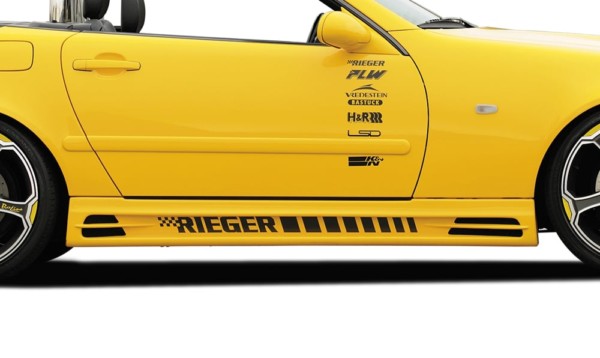 Rieger  nádstavce prahov -  Mercedes SLK (R170) , Ľavá strana, s priehlbinou a 2 otvormi, plast ABS, 
vrátane- hliniková mriežka, Certifikát,montážne vybavenie