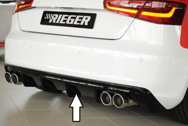 Rieger vložka zadného nárazíka -  Audi A3 (8V) , pre dvojité koncovky Ľavá strana + Pravá strana plast ABS,Čierny lesk, Pre vozidlá bez S-Line exterier, 
vrátane-montážne vybavenie, Certifikát