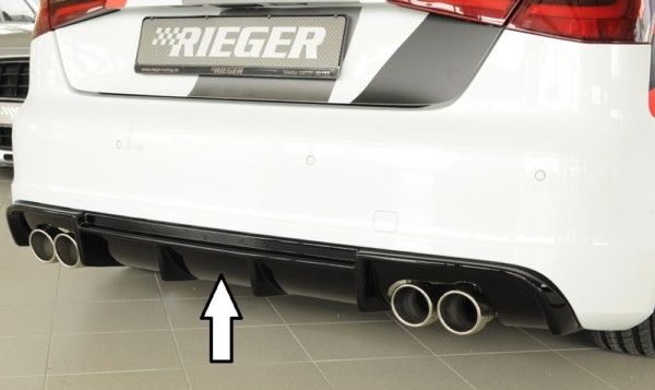Rieger vložka zadného nárazíka -  Audi A3 (8V) , pre dvojité koncovky Ľavá strana + Pravá strana (4x90mm ø), plast ABS,Čierny lesk, Pre vozidlá s S-Line exterier, 
vrátane-montážne vybavenie, Certifikát