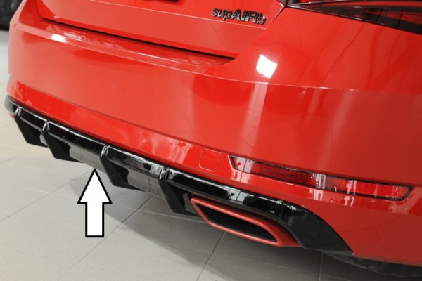 Rieger vložka zadného nárazíka (pre electric tažného) -  Skoda Superb III (3T/3V) , pre orig.. výfukovú koncovku Ľavá strana+Pravá strana plast ABS,Čierny lesk, Pre vozidlá s tažným, parkovacími senzorami (pdc), 
vrátane-montážne vybavenie, Certifikát
