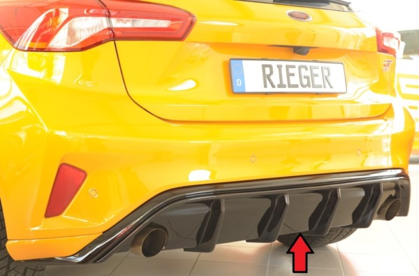 Rieger vložka zadného nárazíka -  pred Focus 4 ST (DEH) , pre originál koncovky Ľavá strana + Pravá strana (83mm ø), plast ABS,Čierny lesk, Pre vozidlá s ST-Line, 
vrátane-montážne vybavenie, Certifikát