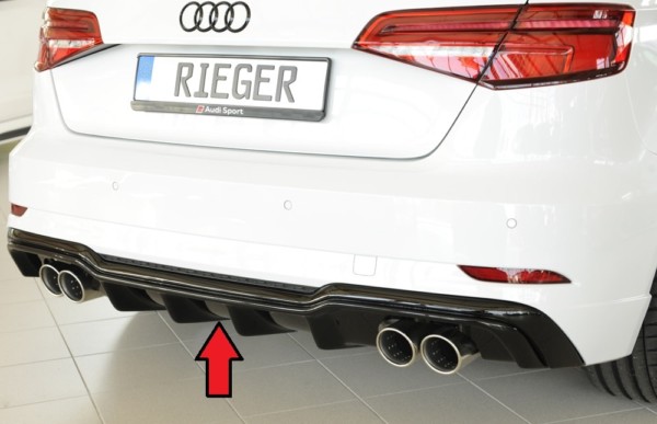 Rieger vložka zadného nárazíka -  Audi A3 (8V) , pre dvojité koncovky Ľavá strana + Pravá strana (4x90mm ø), plast ABS,Čierny lesk, Pre vozidlá s S-Line exterier, 
vrátane-montážne vybavenie, Certifikát