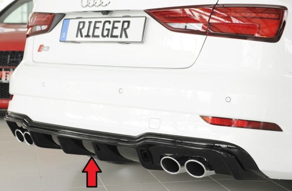 Rieger vložka zadného nárazíka (type: 88158) -  Audi A3 S3 (8V) , pre originál dvojité koncovky Ľavá strana + Pravá strana (4x90x72mm oval), plast ABS,Čierny lesk, Pre vozidlá s S-Line exterier, 
vrátane-montážne vybavenie, Certifikát