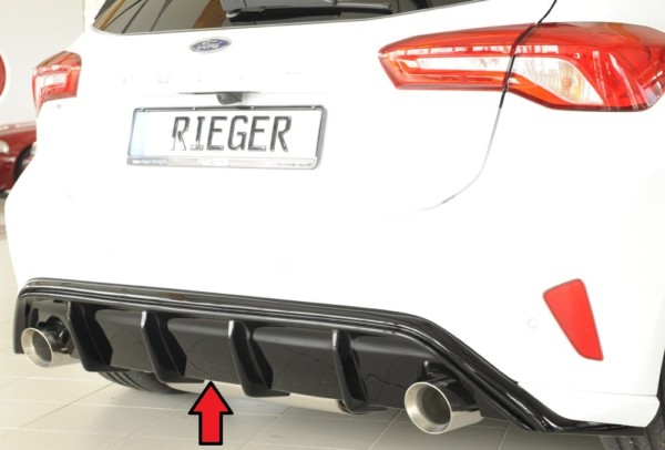 Rieger vložka zadného nárazíka -  pred Focus 4 (DEH) , pre športové koncovky Ľavá strana + Pravá strana (100mm ø), plast ABS,Čierny lesk, Pre vozidlá s ST-Line, 
vrátane-montážne vybavenie, Certifikát
