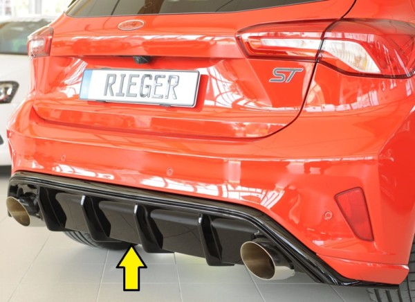 Rieger vložka zadného nárazíka -  pred Focus 4 (DEH) , pre športové koncovky Ľavá strana + Pravá strana (115mm ø), plast ABS,Čierny lesk, Pre vozidlá s ST-Line, 
vrátane-montážne vybavenie, Certifikát