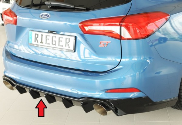 Rieger vložka zadného nárazíka -  pred Focus 4 (DEH) , pre športové koncovky Ľavá strana + Pravá strana (115mm ø), plast ABS,Čierny lesk, Pre vozidlá s ST-Line, bez tažného, 
vrátane-montážne vybavenie, Certifikát