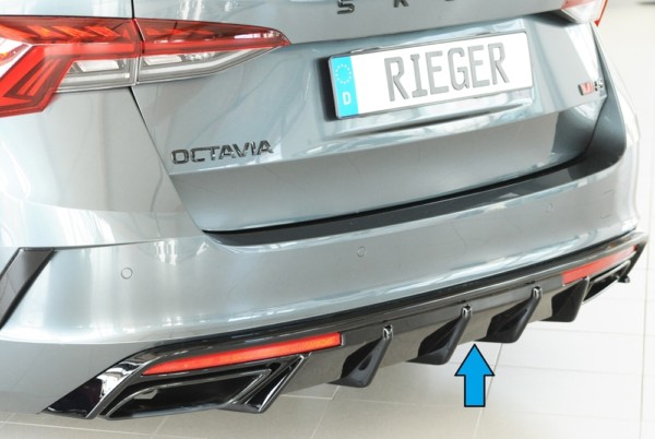 Rieger vložka zadného nárazíka -  Skoda Octavia RS (NX) , pre orig.. výfukovú koncovku Ľavá strana+Pravá strana plast ABS,Čierny lesk, Pre vozidlá s tažným, vrátane-montážne vybavenie, primer