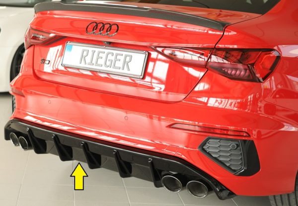 Rieger vložka zadného nárazíka -  Audi A3 (GY) , pre dvojité koncovky Ľavá strana + Pravá strana (4x100x81mm oval), plast ABS,Čierny lesk, Pre vozidlá s S-Line exterier, 
vrátane-montážne vybavenie, Certifikát