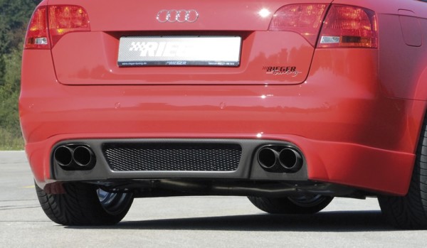 Rieger zadný podnáraznik -  Audi A4 (8E) type B7 , pre dvojité koncovky Ľavá strana + Pravá strana plast ABS, carbon-look, Pre vozidlá s S-Line exterier a bez S-Line exterier, 
vrátane- hliniková mriežka, Certifikát,montážne vybavenie