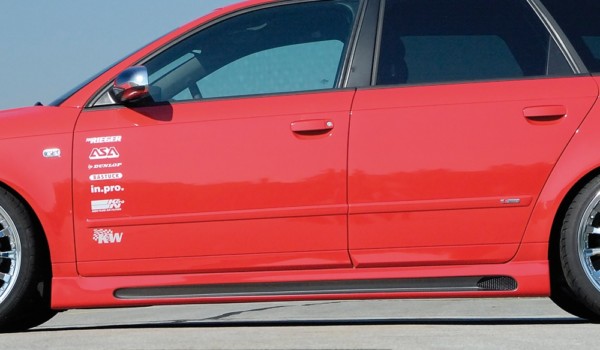 Rieger  nádstavce prahov -  Audi A4 (8E) type B6 , Pravá strana s priehlbinou, s otvorom,, plast ABS, carbon-look, Pre vozidlá s S-Line exterier a bez S-Line exterier, 
vrátane- hliniková mriežka, Certifikát,montážne vybavenie