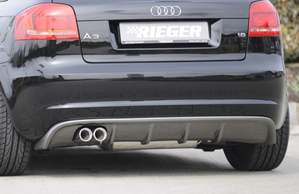 Rieger vložka zadného nárazíka -  Audi A3 (8P) , pre dvojité koncovky Ľavá strana , (2x76mm ø), plast ABS, carbon-look, Pre vozidlá s S-Line exterier a bez S-Line exterier, 
vrátane-montážne vybavenie, Certifikát
