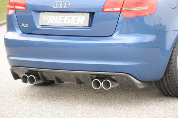 Rieger vložka zadného nárazíka -  Audi A3 (8P) , pre športové koncovky Ľavá strana + Pravá strana (4x76mm ø), plast ABS, carbon-look, Pre vozidlá s S-Line exterier a bez S-Line exterier, 
vrátane-montážne vybavenie, Certifikát
