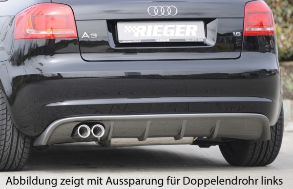 Rieger vložka zadného nárazíka -  Audi A3 (8P) , pre originál koncovky Ľavá strana, plast ABS, carbon-look, Pre vozidlá s S-Line exterier a bez S-Line exterier, 
vrátane-montážne vybavenie, Certifikát