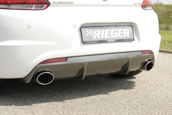 Rieger vložka zadného nárazíka -  VW Scirocco 3 (13) , pre športové koncovky Ľavá strana + Pravá strana (126x94mm oval), plast ABS, carbon-look, Pre vozidlá s R-Line exterier, 
vrátane-montážne vybavenie, Certifikát