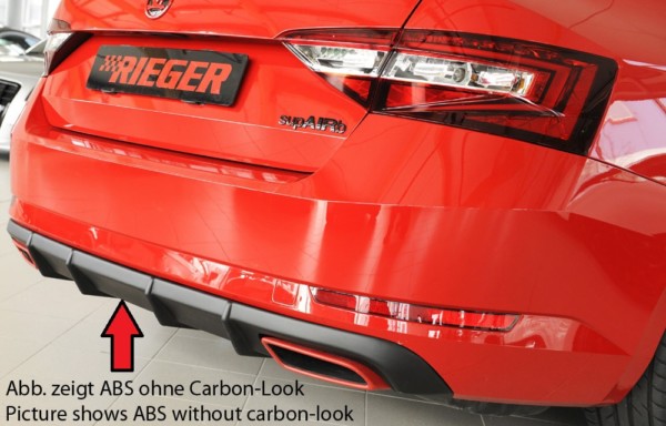 Rieger vložka zadného nárazíka -  Skoda Superb III (3T/3V) , pre orig.. výfukovú koncovku Ľavá strana+Pravá strana plast ABS, carbon-look, Pre vozidlá s parkovacími senzorami (pdc), 
vrátane-montážne vybavenie, Certifikát