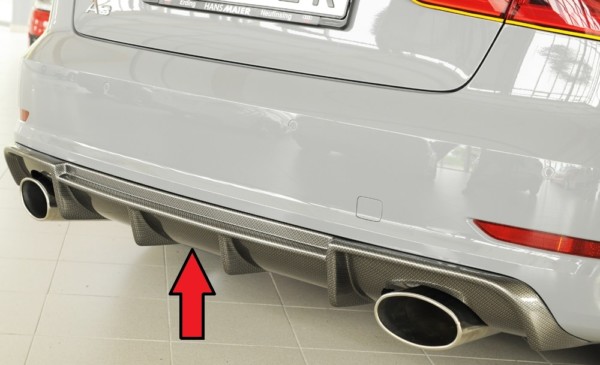 Rieger vložka zadného nárazíka -  Audi A3 (8V) , pre športové koncovky Ľavá strana + Pravá strana (152x95mm oval), plast ABS, carbon-look, Pre vozidlá s S-Line exterier, 
vrátane-montážne vybavenie, Certifikát