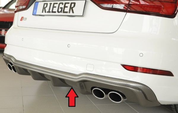 Rieger vložka zadného nárazíka (type: 99368) -  Audi A3 S3 (8V) , pre originál dvojité koncovky Ľavá strana + Pravá strana (4x90x72mm oval), plast ABS, carbon-look, Pre vozidlá s S-Line exterier, 
vrátane-montážne vybavenie, Certifikát