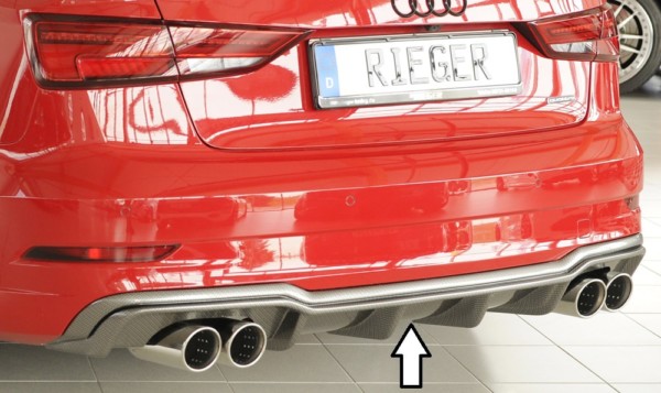 Rieger vložka zadného nárazíka -  Audi A3 (8V) , pre športové koncovky Ľavá strana + Pravá strana (4x90mm ø), plast ABS, carbon-look, Pre vozidlá s S-Line exterier, 
vrátane-montážne vybavenie, Certifikát