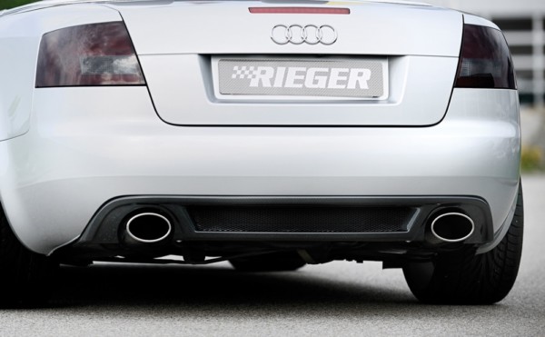 Rieger zadný podnáraznik -  Audi A4 (8H) , pre športové koncovky Ľavá strana + Pravá strana (140x90mm oval), plast ABS, carbon-look, 
vrátane- hliniková mriežka,montážne vybavenie, Certifikát