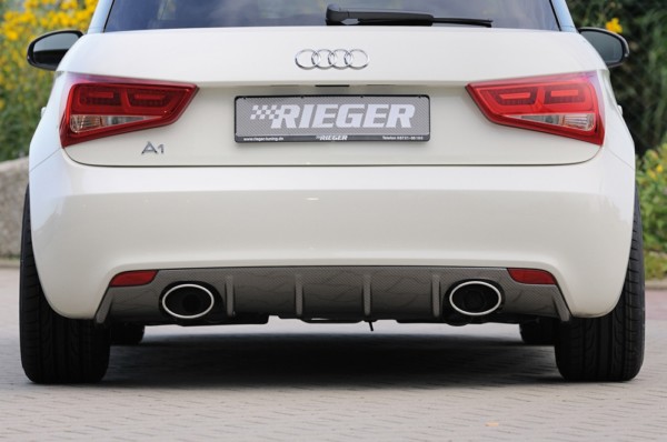 Rieger vložka zadného nárazíka -  Audi A1 (8X) , pre športové koncovky Ľavá strana + Pravá strana (140x90mm oval), plast ABS, carbon-look, Pre vozidlá bez S-Line exterier, 
vrátane-montážne vybavenie, Certifikát