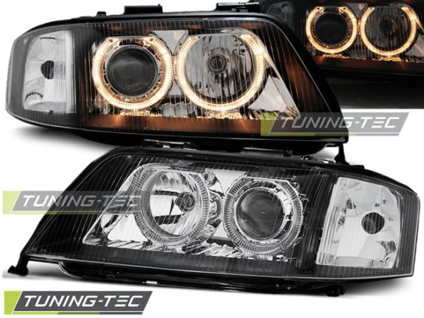 Predné svetlá ANGEL EYES Čierne pre  AUDI A6 05.97-09.99