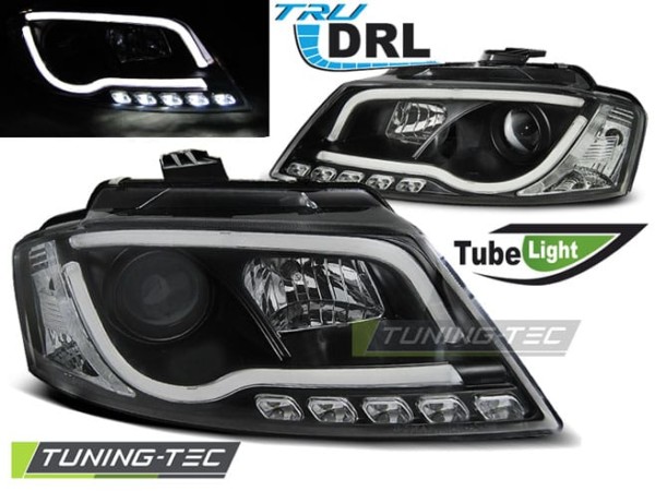 Predné svetlá TUBE LIGHT DRL Čierne pre  AUDI A3 8P 08-12