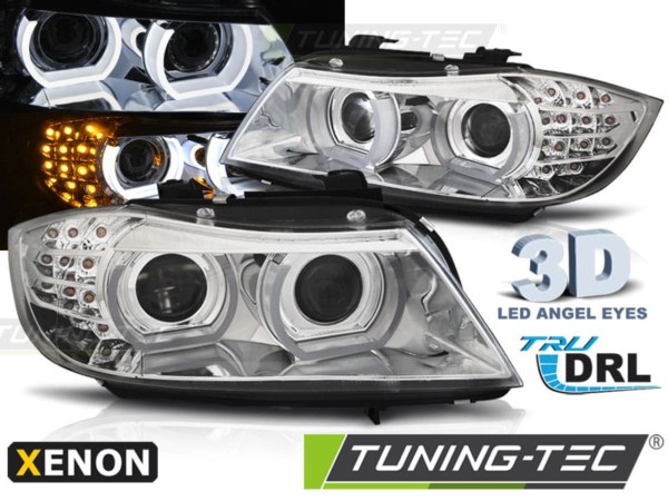 Xenonové predné svetlá ANGEL EYES LED DRL Chróm pre  BMW E90/E91 09-11