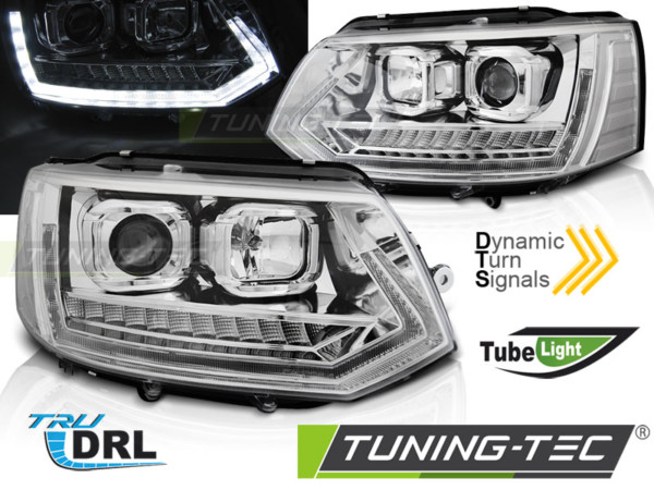 Predné svetlá TUBE LIGHT DRL Chróm SEQ pre  VW T5 2010-2015
